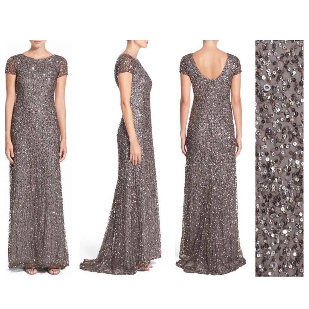 NEW Adrianna Papell Short Sleeve Sequin Mesh Gown
